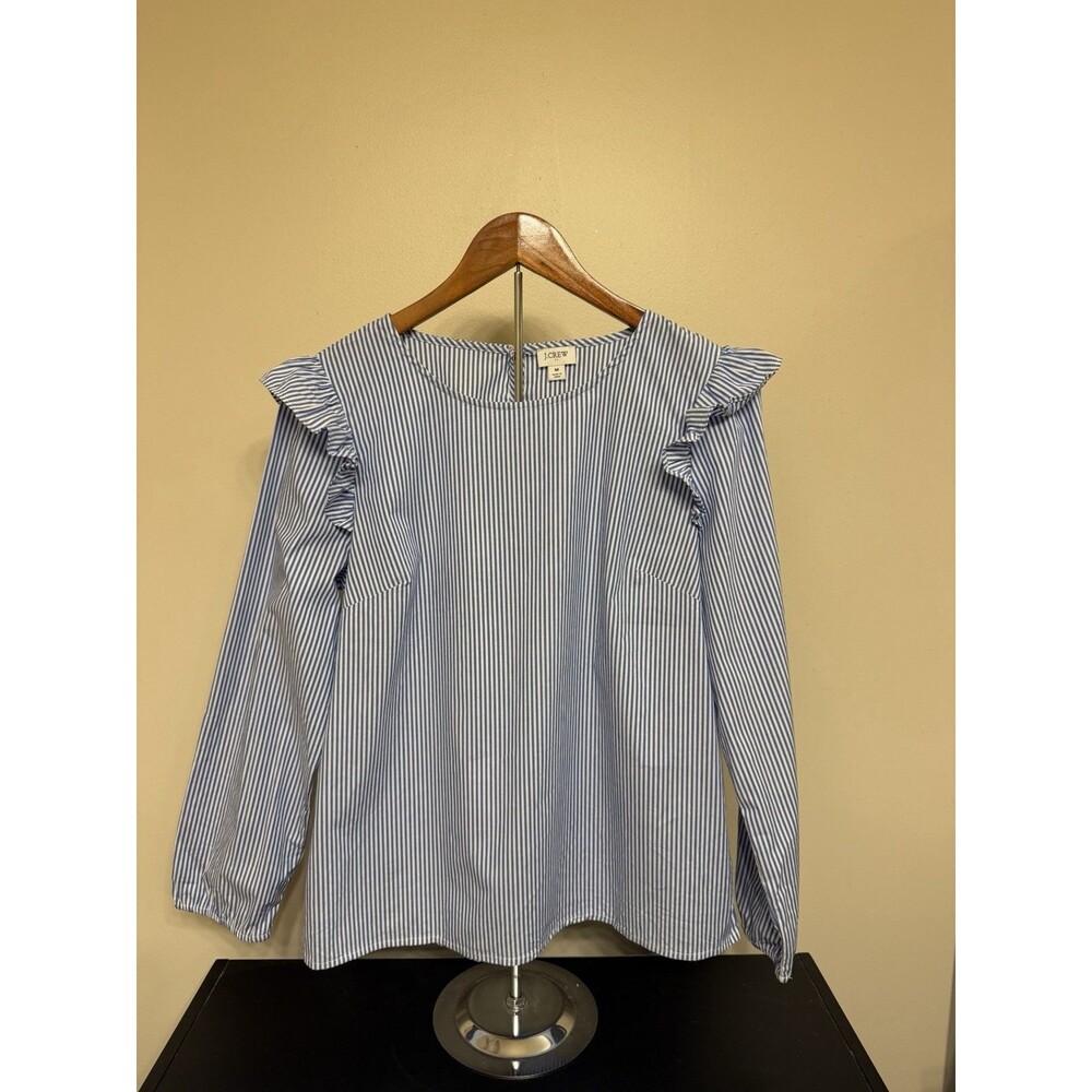 J.Crew Blouse Women’s Blue and White Stripe Ruffle Long Sleeve Cotton Shirt Sz M - Picture 2 of 10